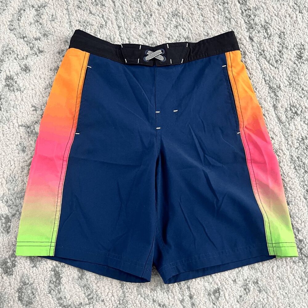 Wonder Nation Swim Trunks Navy Rainbow Side Stripes Kids L 10-12